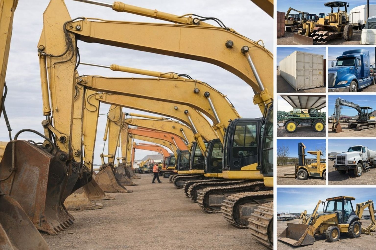 Eine Reihe gelber Kettenbagger und Baumaschinen auf einem Auktionsgelände von Blinto.